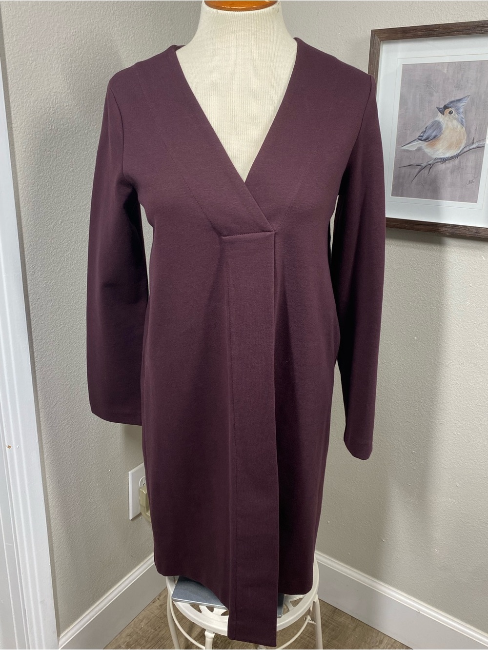 Massimo Dutti Burgundy Plum V-Neck Long Sleeve Dress - Picture 3 of 16